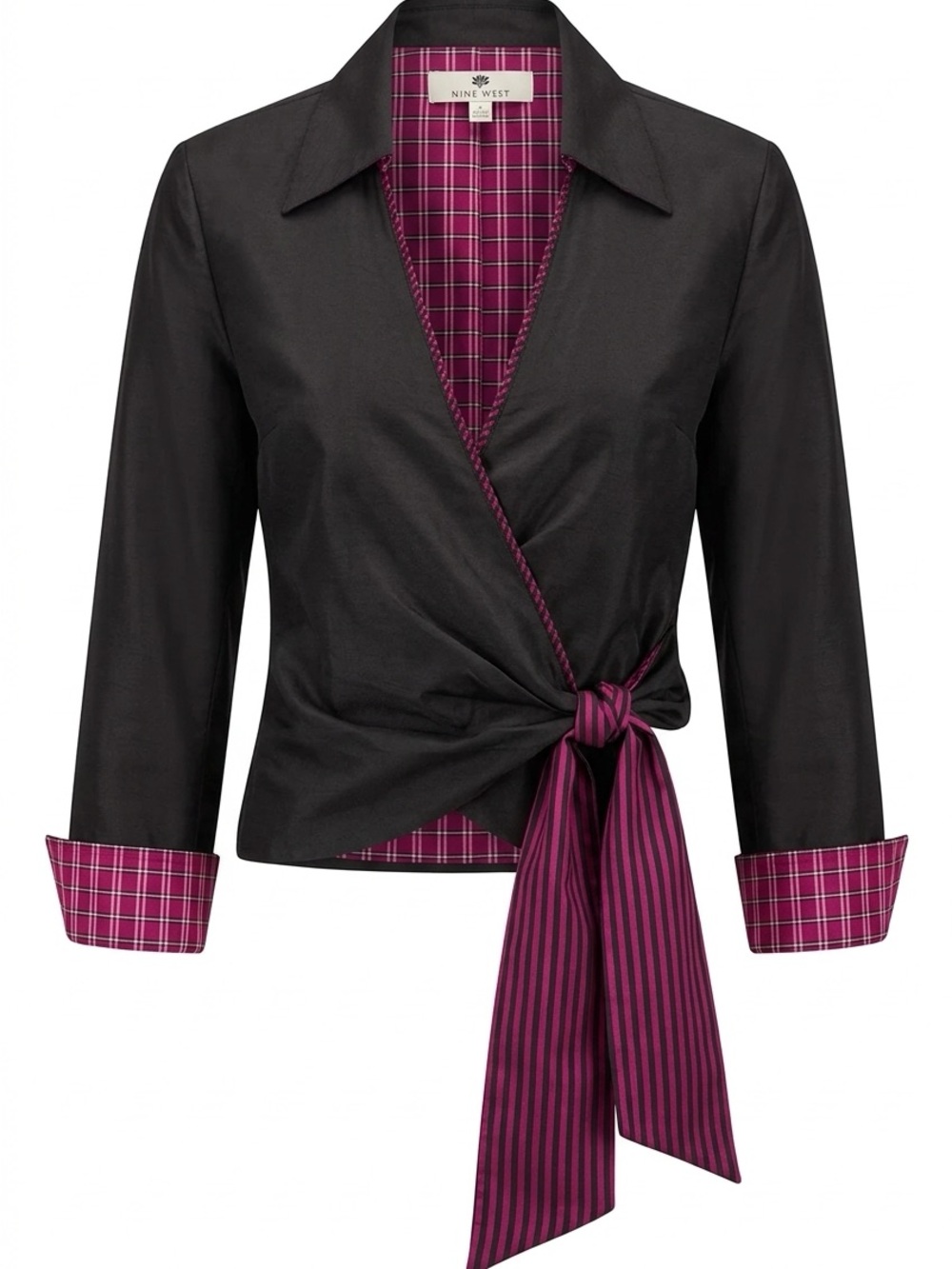 Marisa Baratelli Black Wrap Blouse with Magenta Plaid and Striped Trim